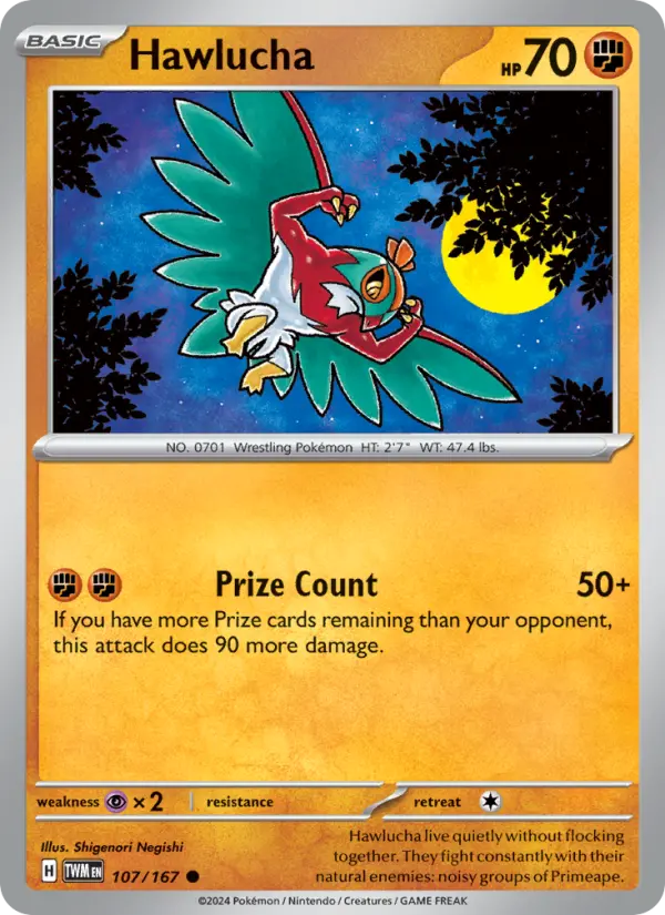 Hawlucha Common Pokemon card #107 from Twilight Masquerade