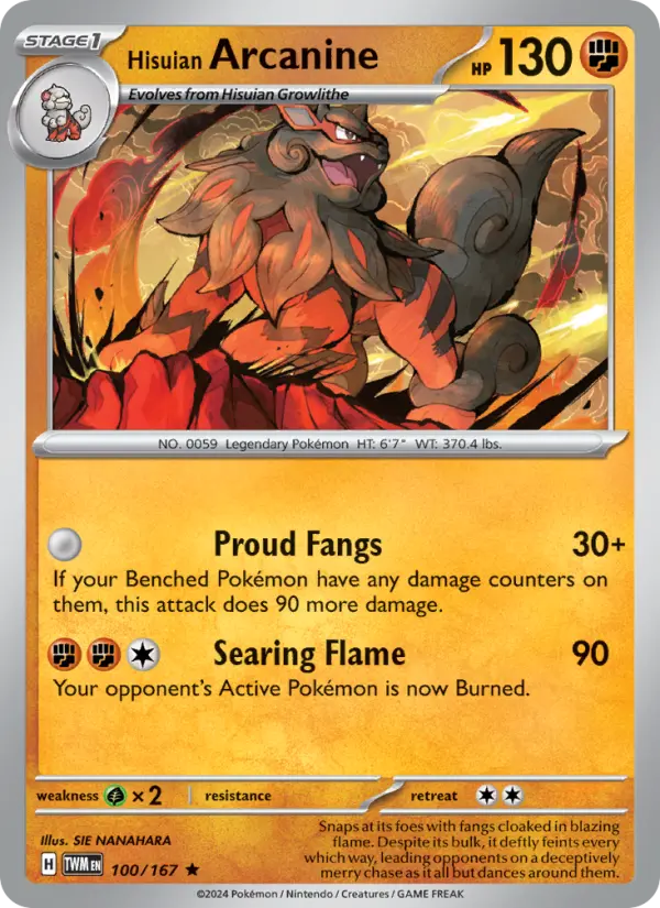 Hisuian Arcanine Rare Pokemon card #100 from Twilight Masquerade