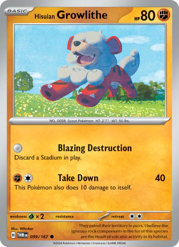 Hisuian Growlithe Common Pokemon card #099 from Twilight Masquerade