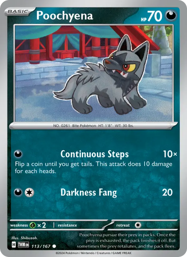 Poochyena Common Pokemon card #113 from Twilight Masquerade