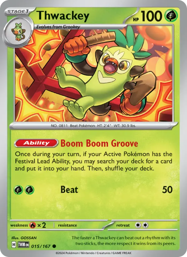 Thwackey Common Pokemon card #015 from Twilight Masquerade