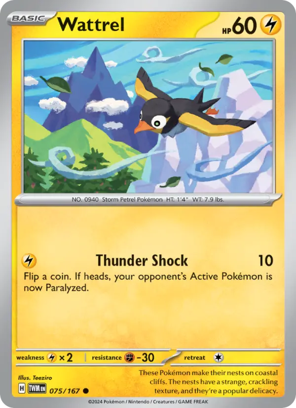 Wattrel Common Pokemon card #075 from Twilight Masquerade