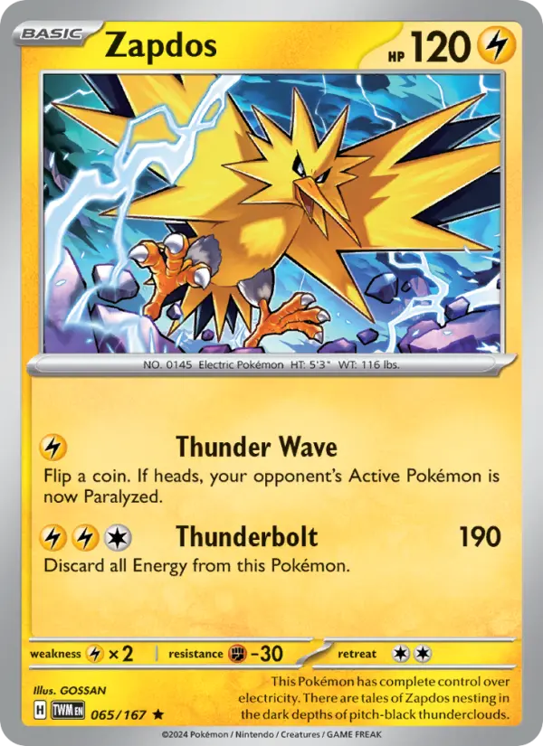 Zapdos Rare Pokemon card #065 from Twilight Masquerade