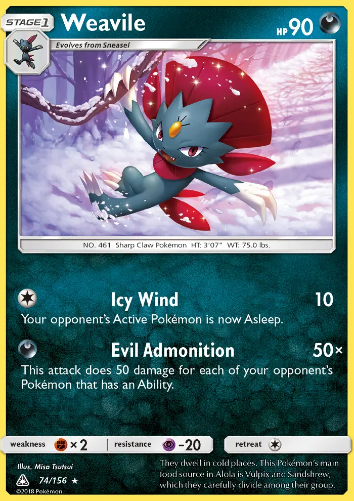 Weavile Rare Pokemon card #74 from Ultra Prism