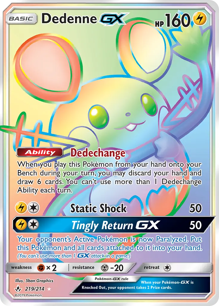 Dedenne GX Secret Rare Pokemon card #219 from Unbroken Bonds