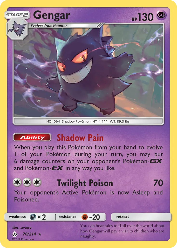Gengar Rare Pokemon card #70 from Unbroken Bonds