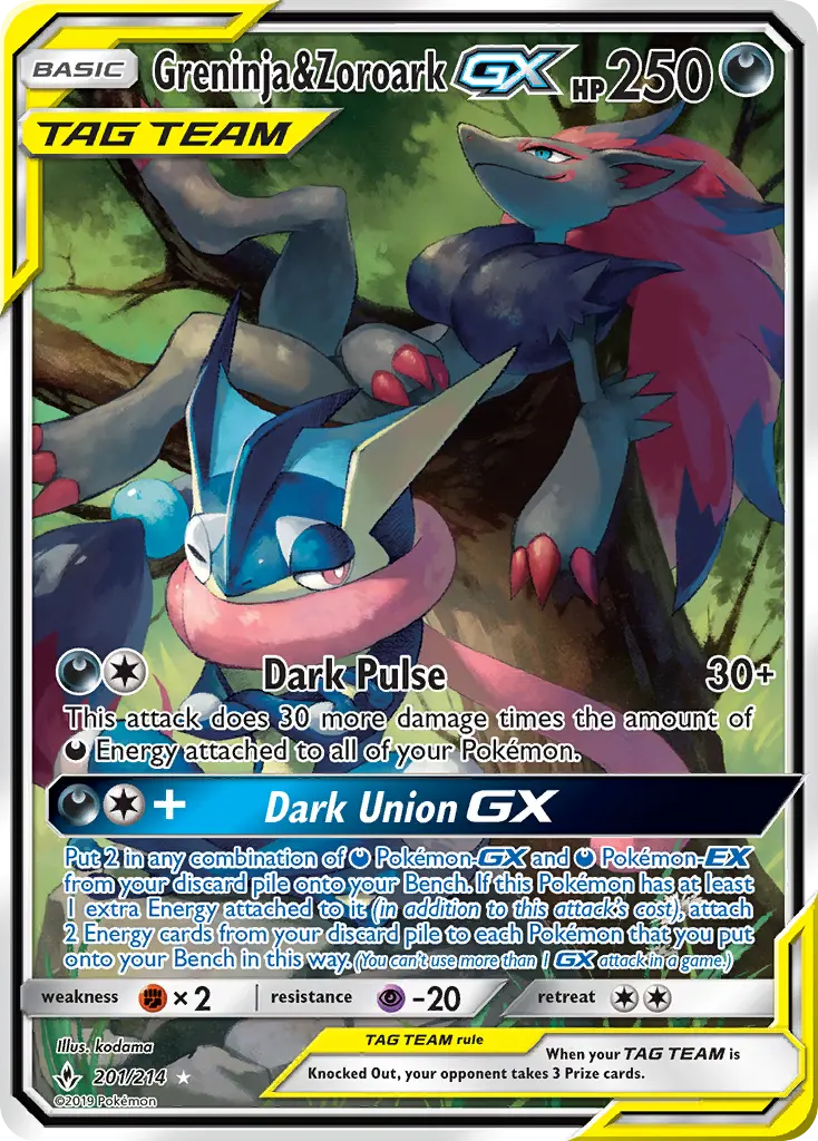 Greninja & Zoroark GX Ultra Rare Pokemon card #201 from Unbroken Bonds