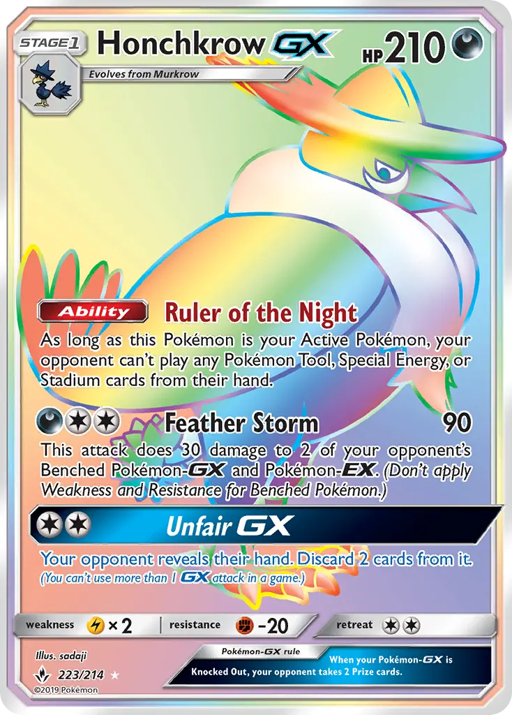 Honchkrow GX Secret Rare Pokemon card #223 from Unbroken Bonds