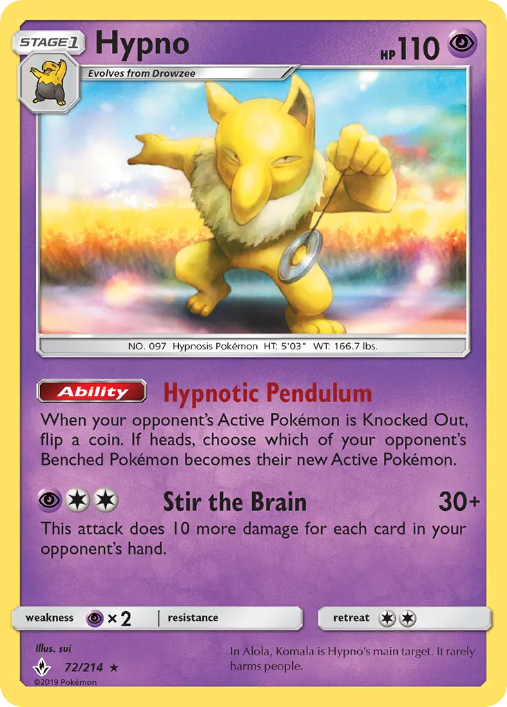 Hypno Rare Pokemon card #72 from Unbroken Bonds