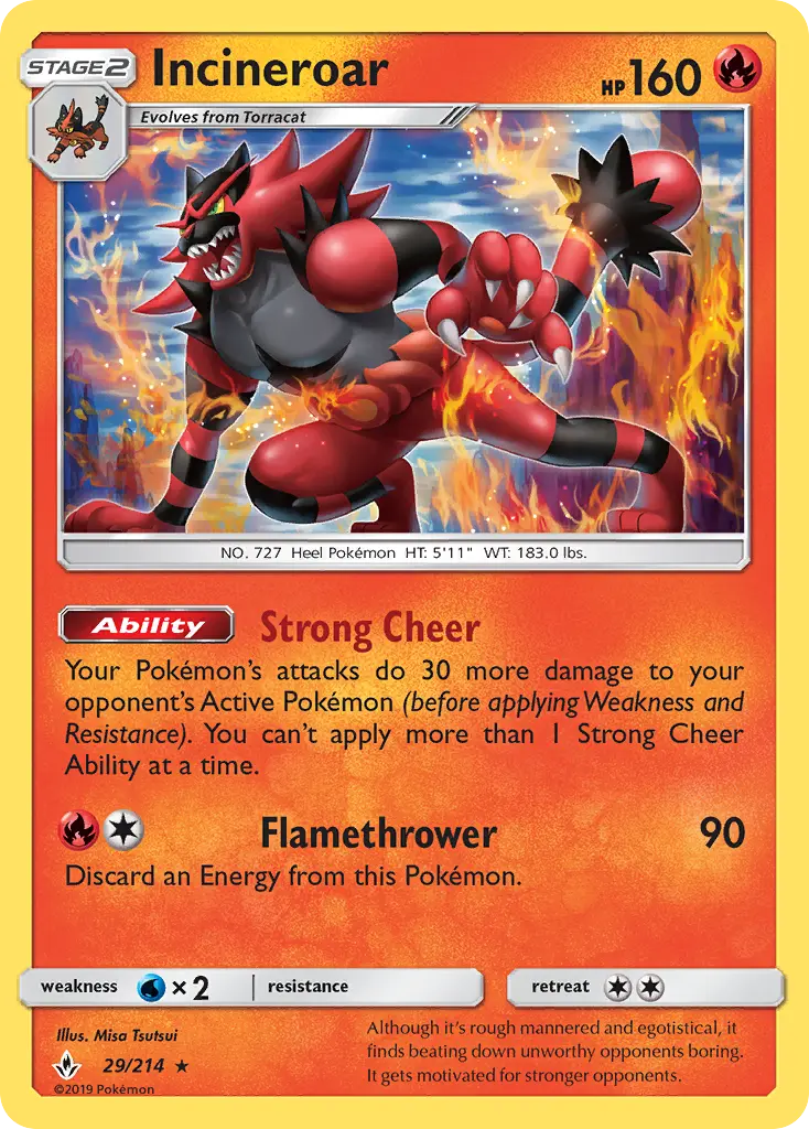 Incineroar Rare Pokemon card #29 from Unbroken Bonds