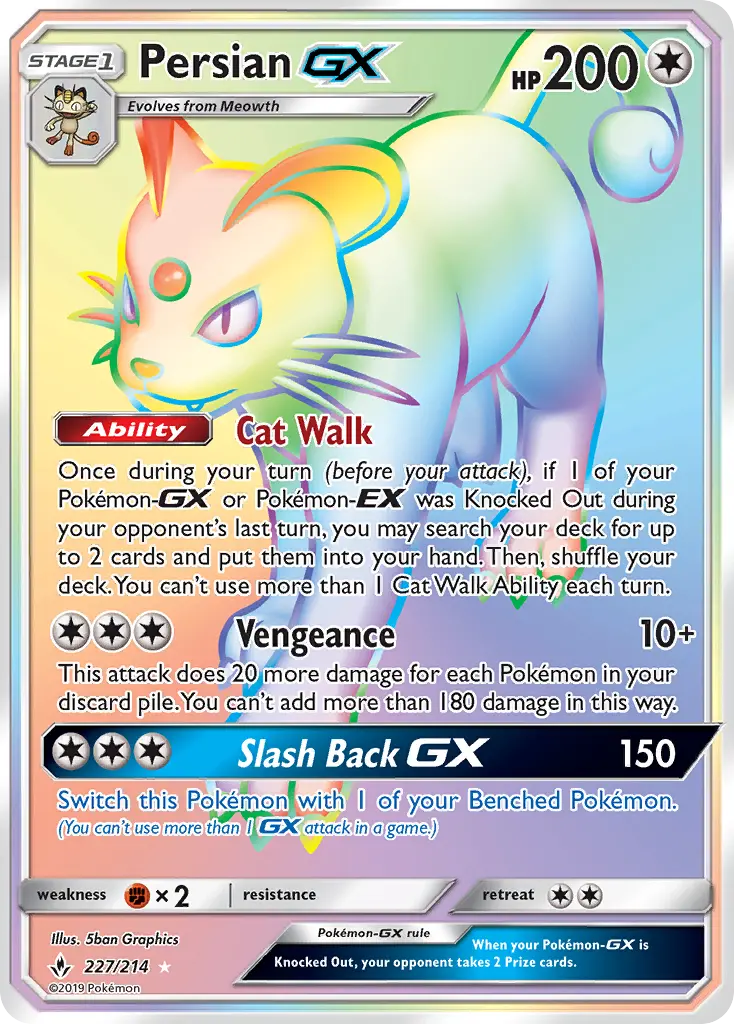 Persian GX Secret Rare Pokemon card #227 from Unbroken Bonds