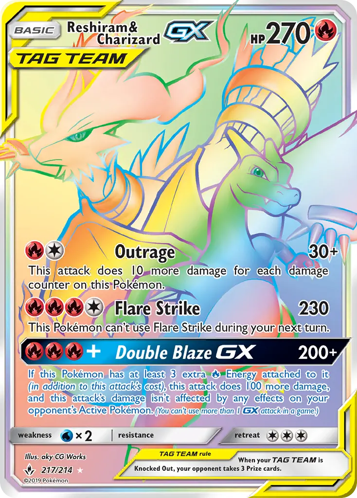 Reshiram & Charizard GX Secret Rare Pokemon card #217 from Unbroken Bonds