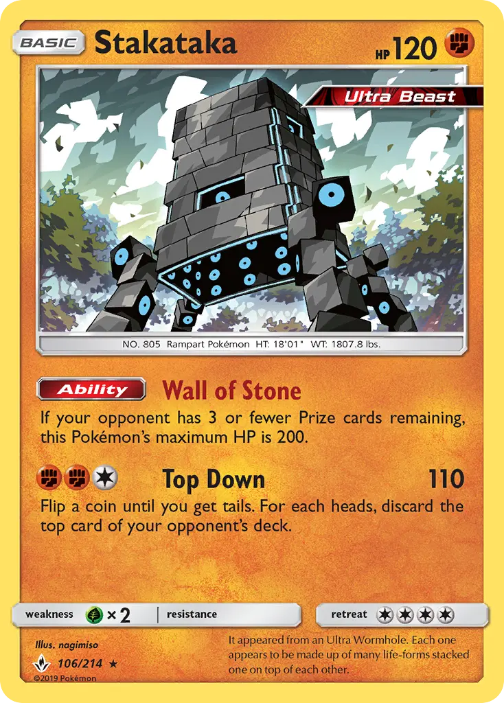 Stakataka Rare Pokemon card #106 from Unbroken Bonds