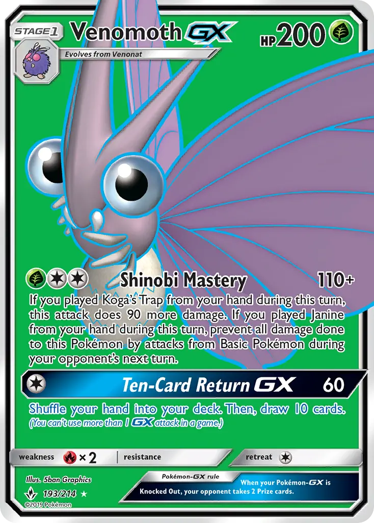 Venomoth GX Ultra Rare Pokemon card #193 from Unbroken Bonds