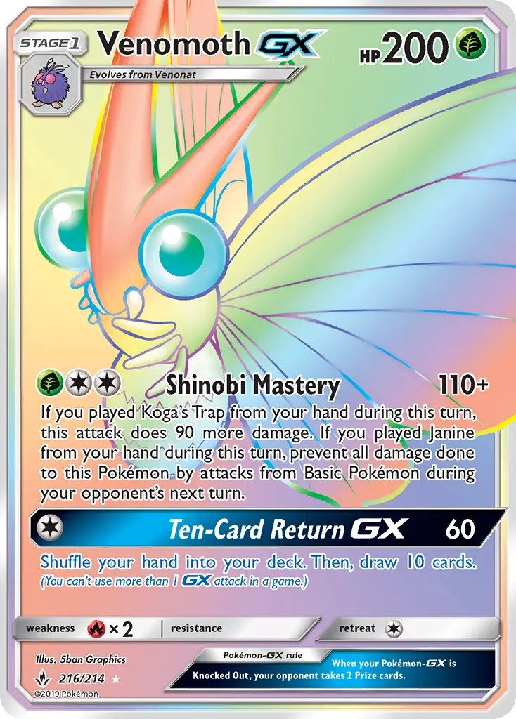 Venomoth GX Secret Rare Pokemon card #216 from Unbroken Bonds