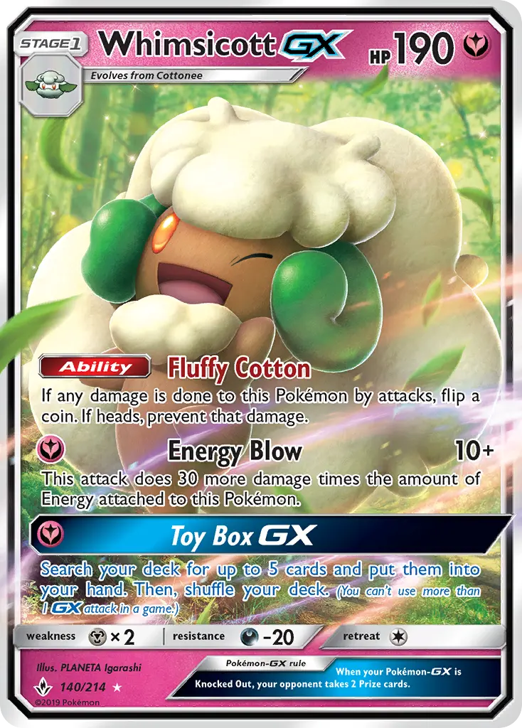 Whimsicott GX Ultra Rare Pokemon card #140 from Unbroken Bonds
