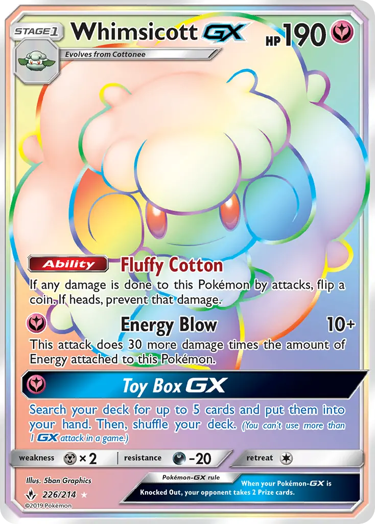 Whimsicott GX Secret Rare Pokemon card #226 from Unbroken Bonds