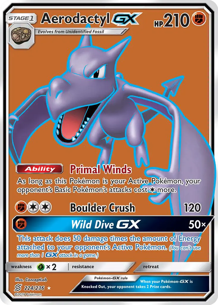 Aerodactyl GX Ultra Rare Pokemon card #224 from Unified Minds