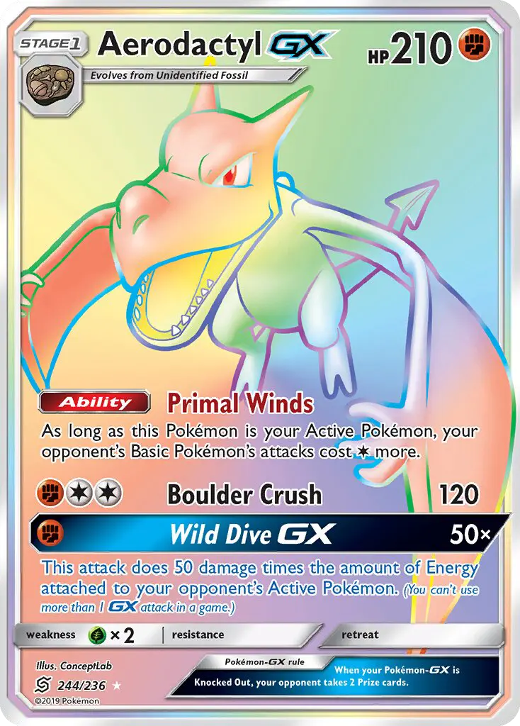 Aerodactyl GX Secret Rare Pokemon card #244 from Unified Minds