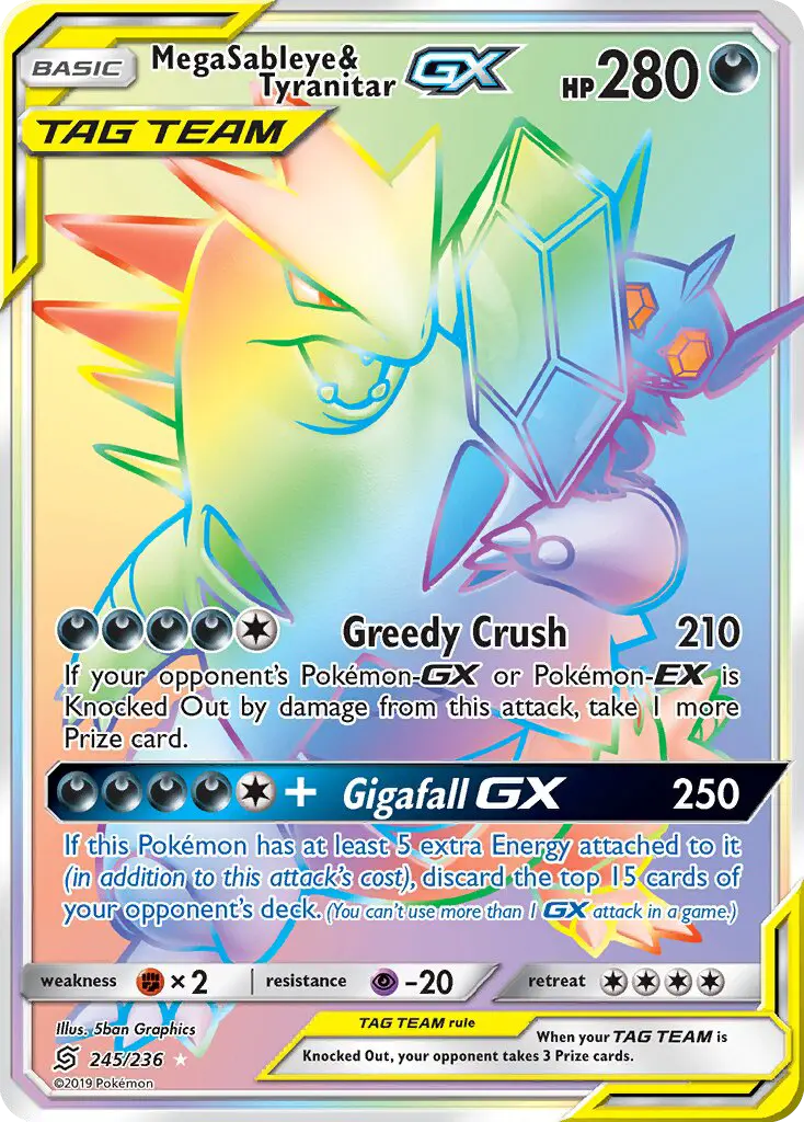 Mega Sableye & Tyranitar GX Secret Rare Pokemon card #245 from Unified Minds