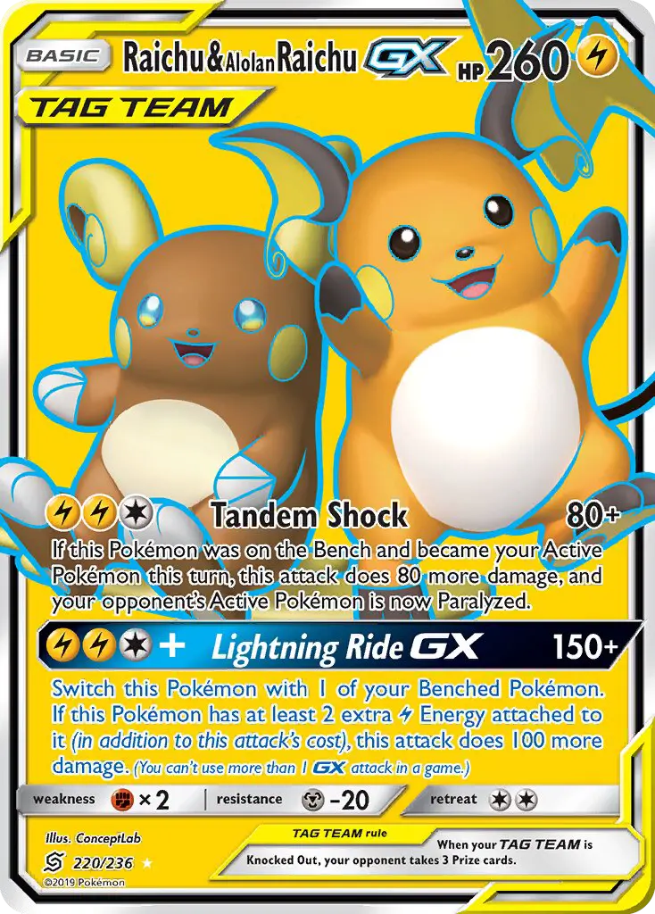 Raichu & Alolan Raichu GX Ultra Rare Pokemon card #220 from Unified Minds