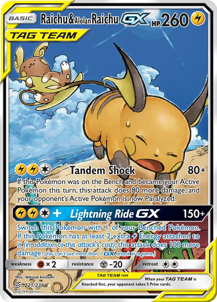 Raichu & Alolan Raichu GX Ultra Rare Pokemon card #221 from Unified Minds