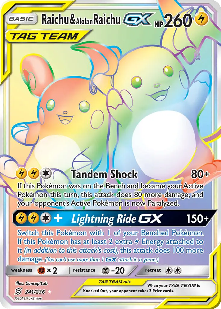 Raichu & Alolan Raichu GX Secret Rare Pokemon card #241 from Unified Minds