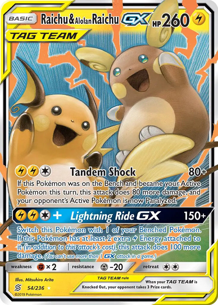 Raichu & Alolan Raichu GX Ultra Rare Pokemon card #54 from Unified Minds