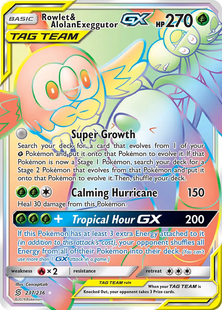 Rowlet & Alolan Exeggutor GX Secret Rare Pokemon card #237 from Unified Minds