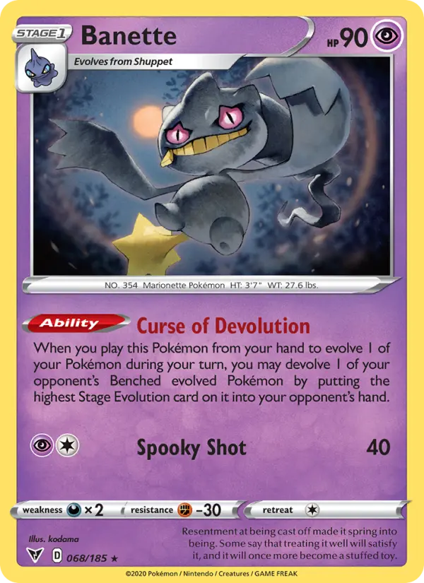 Banette Rare Pokemon card #68 from Vivid Voltage