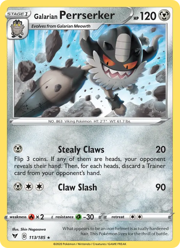 Galarian Perrserker Rare Pokemon card #113 from Vivid Voltage