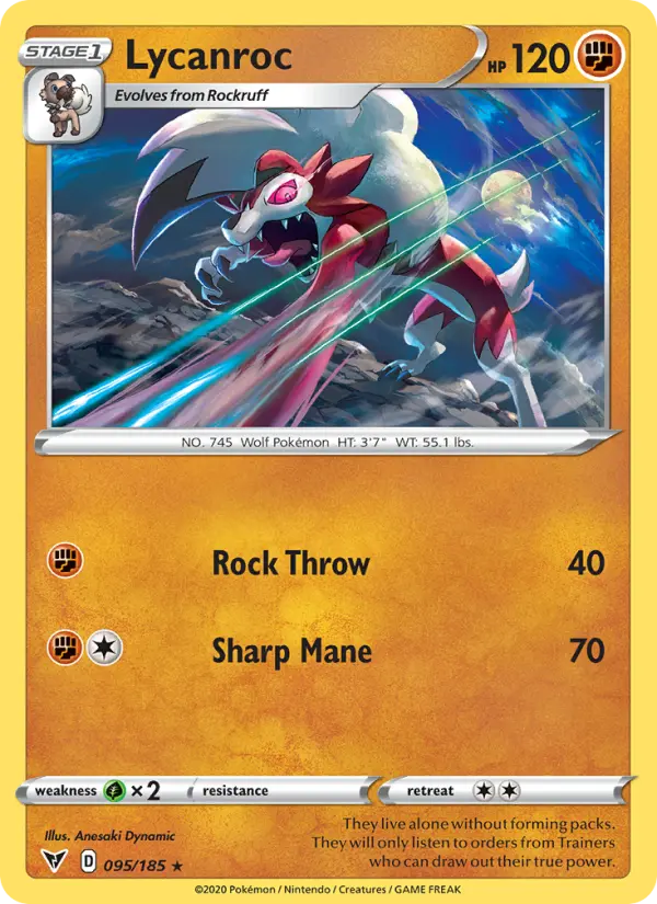 Lycanroc Rare Pokemon card #95 from Vivid Voltage