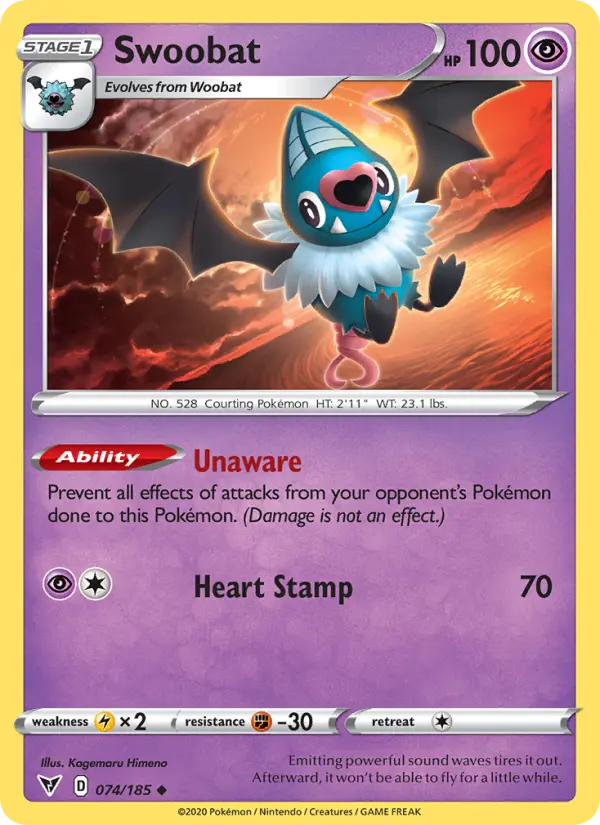 Swoobat Uncommon Pokemon card #74 from Vivid Voltage