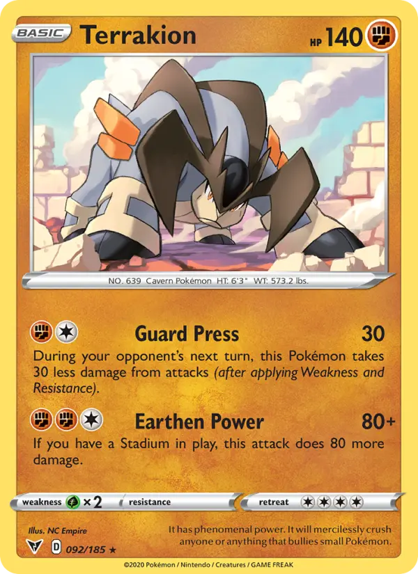 Terrakion Rare Pokemon card #92 from Vivid Voltage