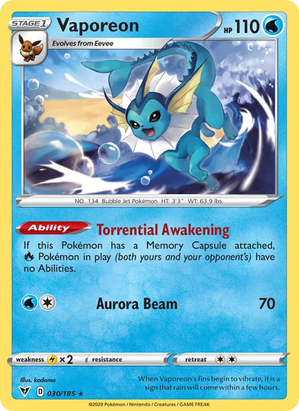 Vaporeon Rare Pokemon card #30 from Vivid Voltage