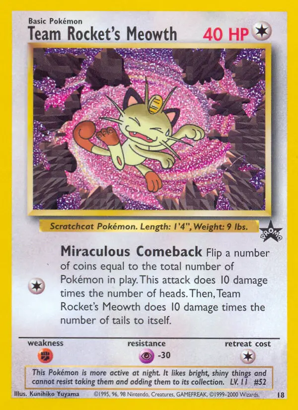 Team Rocket's Meowth Common Pokemon card #18 from Wizards Black Star Promos